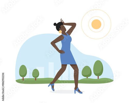 Woman in dress suffering from hot sunny weather in summer, girl walking in heat vector illustration