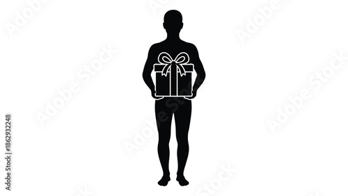 Silhouette of a person holding a large gift box with a bow