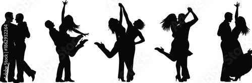 Black silhouette set of dancing couples, salsa, tango, ballroom dancers, romantic poses, man and woman, cad drawing flat vector illustration.