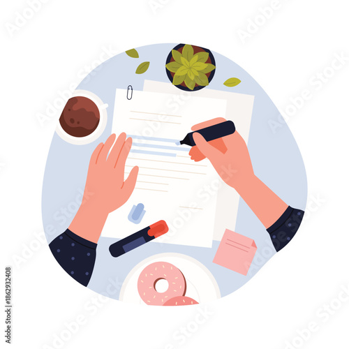 Hands of person holding marker to highlight important text in paper document, top view of desktop vector illustration