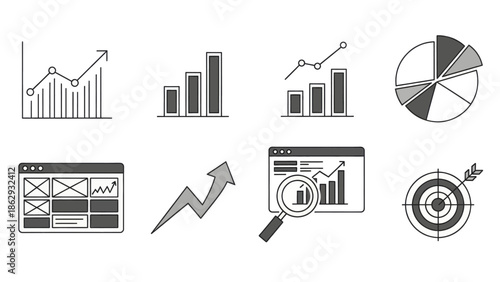 Collection of modern flat icons representing business growth and data analysis