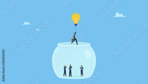 Smart businessman or entrepreneur flying with lightbulb idea balloon escape from fish tank. Entrepreneurship escape from routine job, freedom idea to start new business, solution to solve problem.