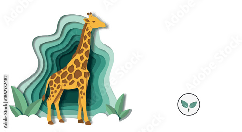 Vibrant Paper Cut Style Giraffe Illustration in a Lush Green Natural Setting with an Eco Logo