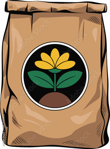 Eco friendly paper bag with plant logo, organic product packaging illustration, sustainable grocery sack, natural food concept, isolated white background