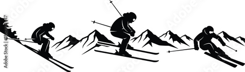 Black silhouette of three skiers downhill skiing in high mountains landscape isolated on white background for winter sports and vacation.