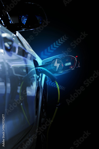 Power cable pump plug in charging power to electric vehicle EV car.