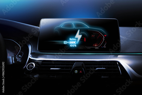 Electric car display screen that is showing the display of electric charging.