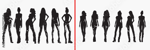 fashion model silhouettes, female standing poses, runway model figures, woman body outline, fashion illustration art, model pose vector, stylish woman silhouettes, fashion sketch reference, female cha