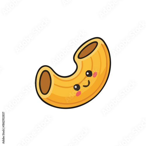 A cute kawaii style vector illustration of an elbow macaroni pasta character with a happy face.