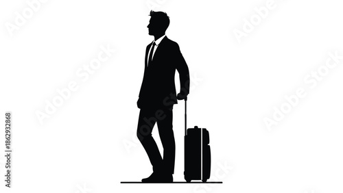 Silhouette of a businessman walking with a rolling suitcase