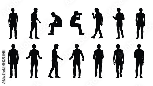 Collection of black silhouette figures in various poses and perspectives