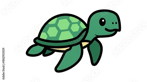 Cartoon Green Turtle Illustration Isolated White.