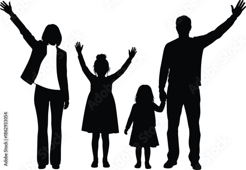 Happy family with two children waving hands silhouette isolated on white background for summer vacation travel and together celebration vector.