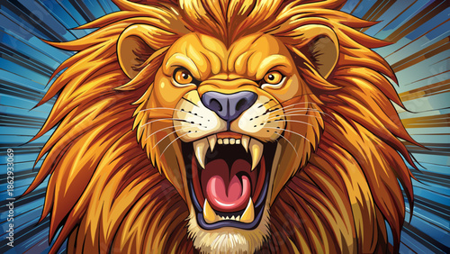 Big wild lion roaring with sharp teeth showing power nature wildlife scary in light dramatic cinematic professional realistic stock image.