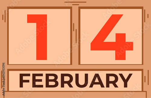 Wooden desk calendar showing February 14 date for Valentine's Day.