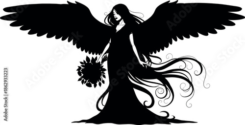 Black silhouette of a woman with wings and a sunflower