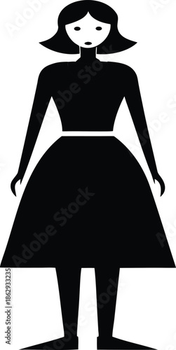Stylized black silhouette of a woman with bob hair and a dress, featuring white facial details