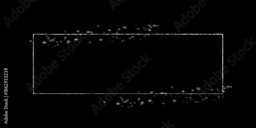 Abstract minimalist design featuring a white hand-drawn rectangular frame surrounded by subtle glowing sparkle particles on a black background. The contrast between the rough