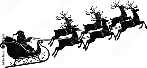 Santa Claus flying in horse drawn sleigh with many reindeer across the sky black silhouette vector illustration isolated on white.