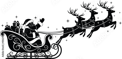 Santa Claus flying in a sleigh with reindeer carrying Christmas gifts in black and white silhouette vector isolated on white.