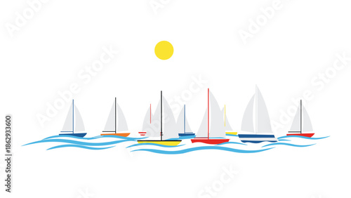 Colorful illustration of a vibrant sailboat fleet navigating calm blue waters under a clear sky with a bright yellow sun, conveying peaceful marine life.
