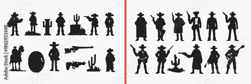 cowboy silhouette illustration, western character art, wild west figures, cowboy action poses, western clipart pack, cowboy vector silhouettes, rodeo illustration set, western theme graphics, cowboy s
