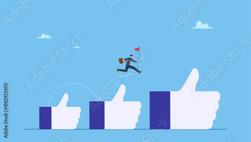 Businessman holding winner flag jumping up growing thumbs up sign. Career growth development, achievement, job improvement or promotion, appreciation or praise for success employee.