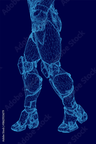 A cyber warrior woman stands in a heroic pose with crossed arms, rendered as a detailed 3D wireframe model against a blue background. Side view