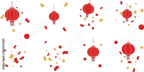 Colorful illustration of red lanterns and confetti celebrating Chinese New Year or Lunar New Year with a festive and joyful mood against a clean white background.