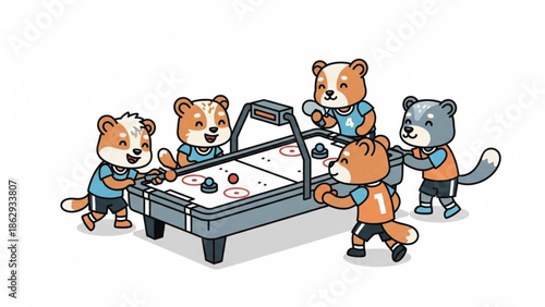 animals playing air hockey together cartoon.