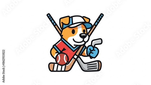 Cartoon hockey dog holding stick and ball.