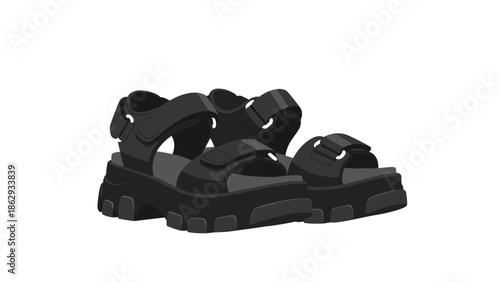 Stylish black chunky platform sandals with adjustable straps, presented on a clean white background, perfect for contemporary summer footwear designs.