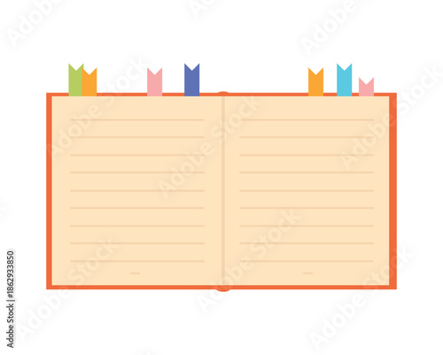 Open paper book, notebook with bookmarks for reading and studying vector illustration