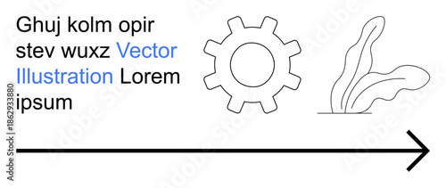Business development, direction planning, growth, creativity, design templates, process visualization. Gear outline, plant and arrow elements with placeholder text. Business and direction planning
