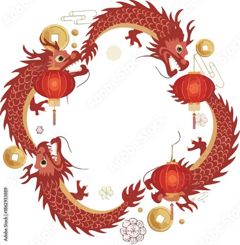 Illustration of red dragons forming a circle with lanterns and coins on a white background celebrating chinese new year or lunar new year