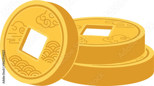 Illustration of two golden Chinese coins with square holes and traditional designs on a white background, symbolizing wealth during the lunar new year or chinesse new yer.
