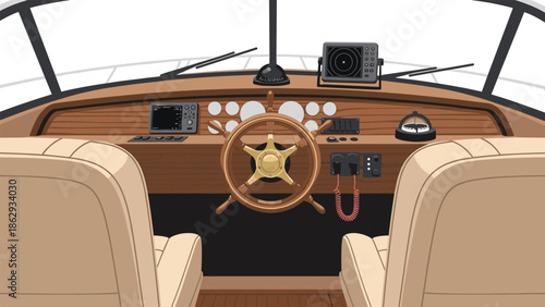 Detailed view of a sophisticated boat dashboard, featuring a classic wooden steering wheel, modern navigation equipment, and plush seating.