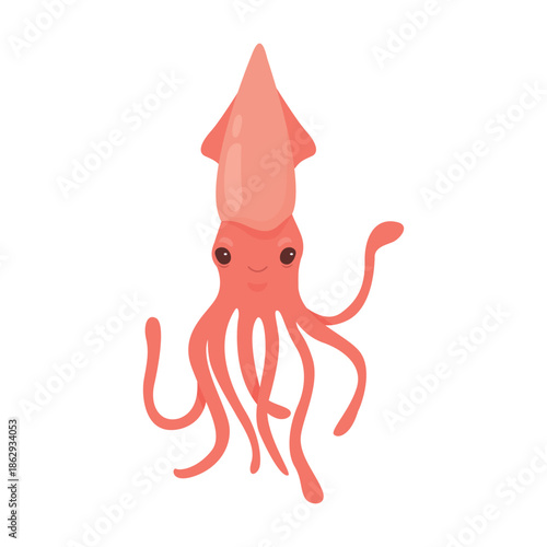 Cute squid character with adorable face and tentacles, saltwater sea or ocean creature vector illustration