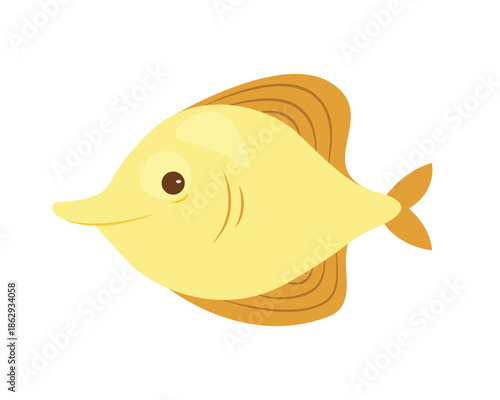 Cute yellow fish, funny tropical underwater character with tail and fins vector illustration