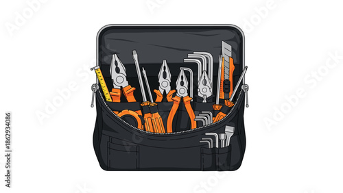 Organized open tool bag brimming with essential hand tools like pliers, screwdrivers, and Allen wrenches, ready for any repair or DIY project.