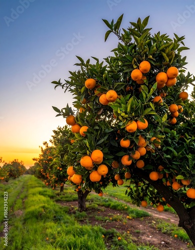Orchard of ripe citrus fruit glowing under an evening sky