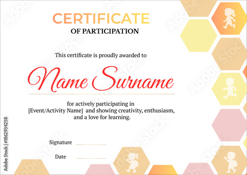Colorful certificate with honeycomb border ideal for kids’ events and participation