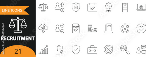 A professional vector set of 21 recruitment line icons featuring hiring, candidate selection, HR management, evaluation, and onboarding symbols. Ideal for HR presentations, recruitment infographics, c