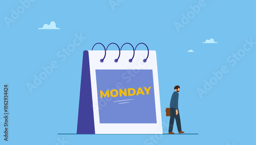 Tired and sleepy businessman going to work with calendar showing Monday. Monday blues, tired and fear of routine office work, depression or sadness worker, sleepy and frustrated on Monday morning.