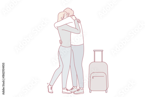 Woman hugging man with suitcase meet lover in airport. Happy couple embrace reunite after separation. Long distance relationship. Vector illustration.