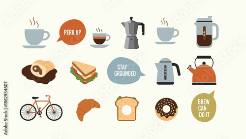 Morning Breakfast & Coffee Essentials: Flat Design Vector Icon Set for Daily Routine & Cafe Culture