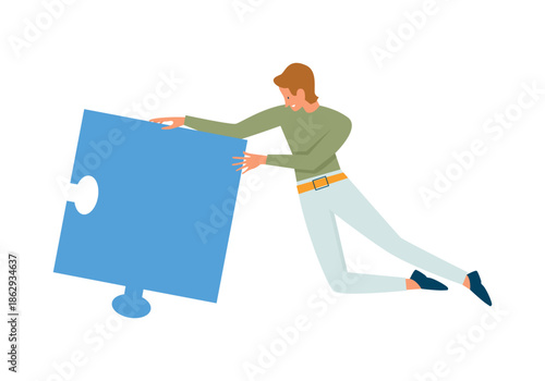 Man carrying puzzle piece and flying, tiny male character brainstorming on problem vector illustration