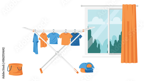 Freshly washed clothes drying on a portable rack indoors, beside a bright window with a view of greenery, creating a peaceful domestic scene.
