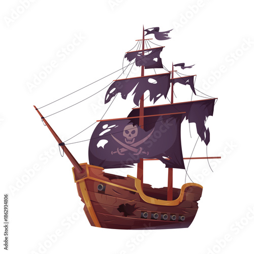 Pirate broken ship with holes on black torn sails, cracks in wooden deck after battle vector illustration