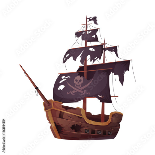 Pirate ship and galleon after sea battle, fight of sailboats with cannon explosions vector illustration